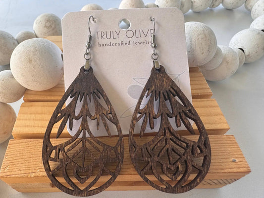 Truly Olive Vintage Wood Mandala Earrings Teardrops - Earrings Dangle Earrings