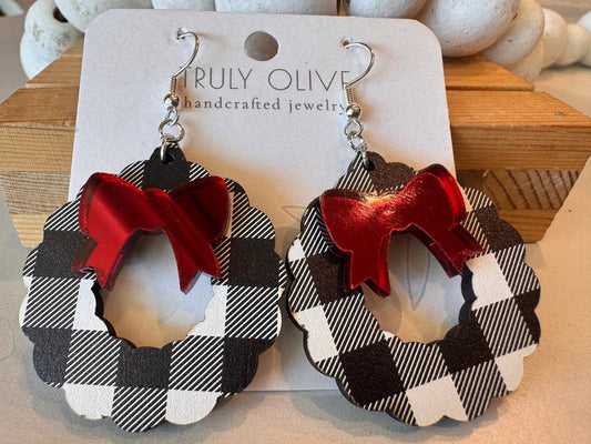 Truly Olive Black and White Buffalo Plaid Christmas Wreath Earrings - Earrings Dangle Earrings