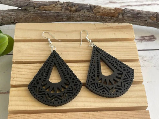 Truly Olive Lightweight Wood Mandala Earrings - Half Bell Shape - Earrings Dangle Earrings