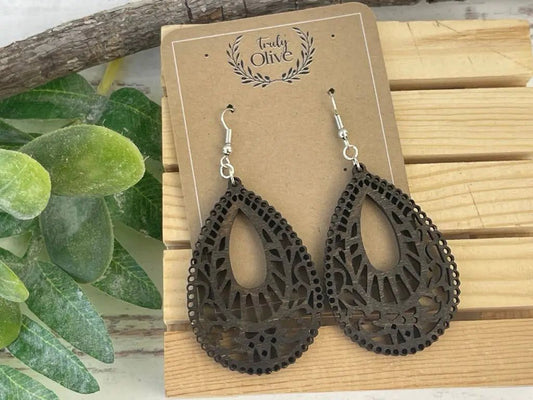 Truly Olive Teardrop Shape Wood Mandala Earrings - Earrings Dangle Earrings