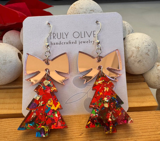 Truly Olive Glitter Christmas Trees With Rose Gold Bow - Earrings Dangle Earrings