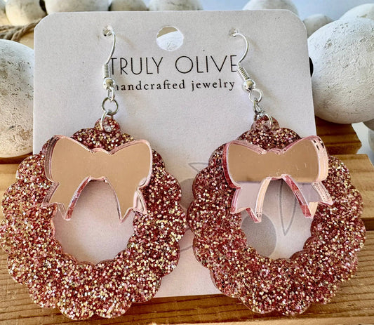 Truly Olive Pink Mirrored Acrylic Christmas Wreath - Earrings Dangle Earrings