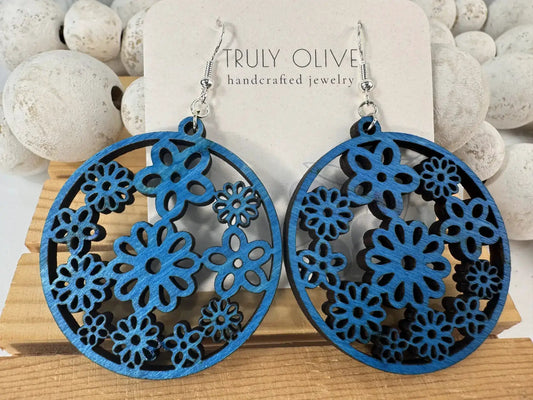 Truly Olive Groovy Flower Pattern Wood Earrings - Earrings Dangle Earrings