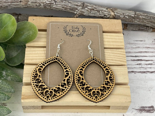 Truly Olive Stunning Wood Mandala Earrings in Unique Oval Shape - Earrings Dangle Earrings