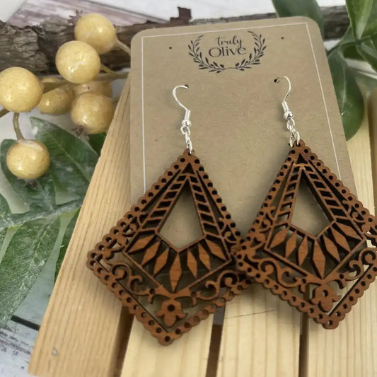 Truly Olive Lightweight Wood Mandala Earrings - Earrings Dangle Earrings