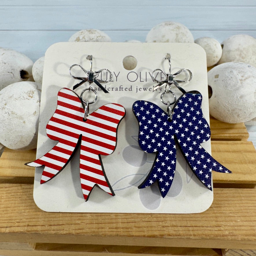 Patriotic Coquette Bow Red White and Blue Earrings
