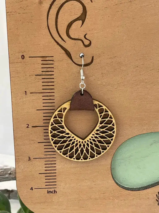Truly Olive Leather and Wood Hoop Earrings - Earrings Dangle Earrings