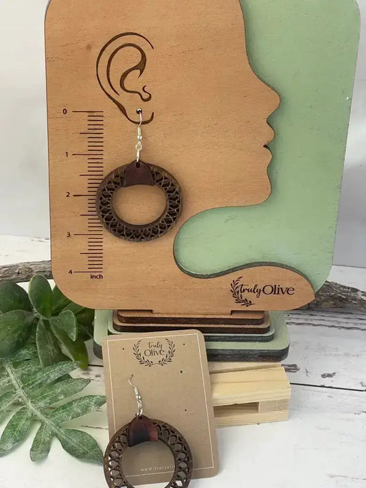 Truly Olive Leather and Wood Filigree Earrings - Earrings Dangle Earrings