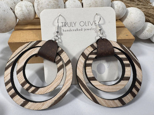 Truly Olive Leather Strap Wooden Hoop Earrings - Earrings Hoop Earrings