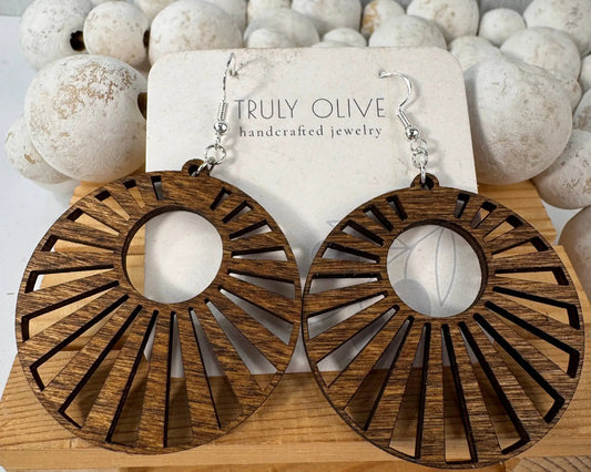 Truly Olive Wood Mandala Earrings in a Unique Fanned Out Circle Shape - Earrings Dangle Earrings