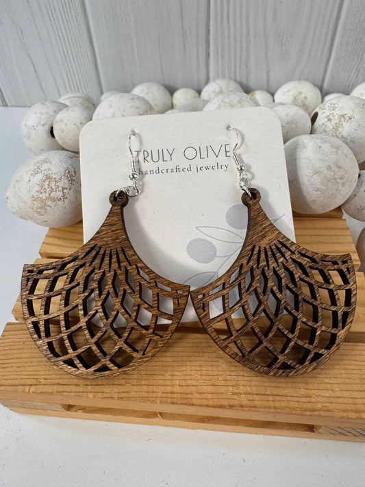 Truly Olive Stunning Wood Mandala Earrings in Unique Fanned Out Shape - Earrings Dangle Earrings