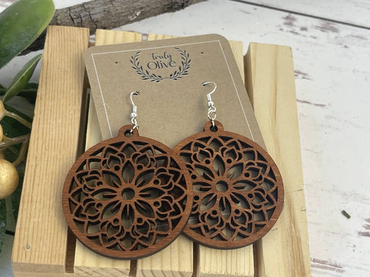 Truly Olive Circle Shape Lightweight Wood Mandala Earrings - Earrings Dangle Earrings