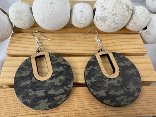 Truly Olive Camouflage Pattern Wood Earrings - Earrings Dangle Earrings