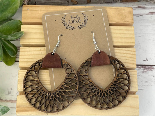 Truly Olive Filigree Natural Wood and Leather Lightweight Hoop Earrings - Earrings Dangle Earrings