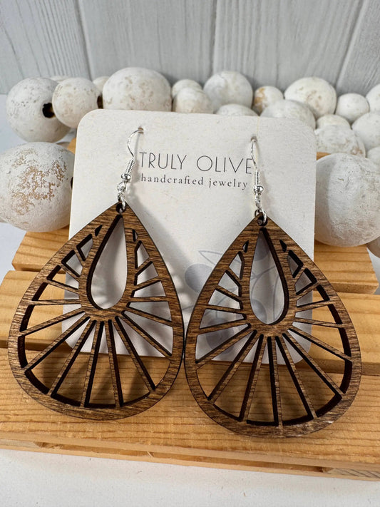 Truly Olive Teardrop Wood Mandala Earrings in a Unique Fanned Out Shape - Earrings Dangle Earrings