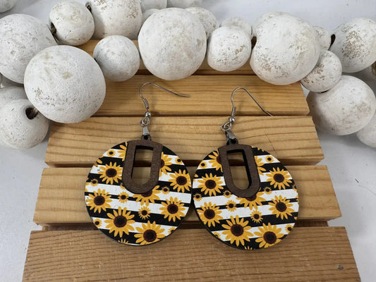 Truly Olive Sunflower Wood Pattern Earrings - Earrings Dangle Earrings