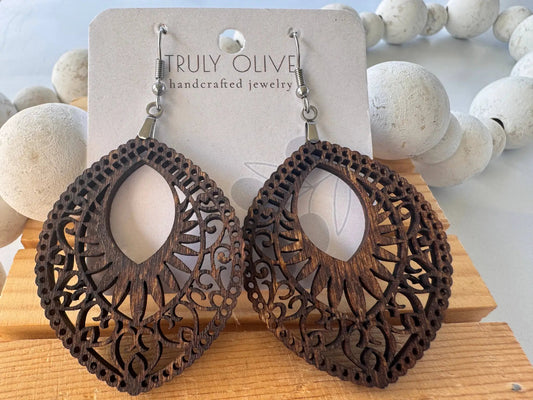Truly Olive Lightweight Oval Wood Mandala Earrings - Earrings Dangle Earrings