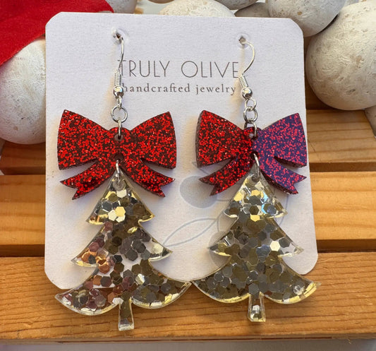 Truly Olive Confetti Glitter Christmas Trees With Red Bow - Earrings Dangle Earrings