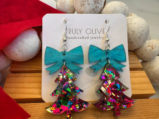 Truly Olive Glittery Christmas Trees - Earrings Dangle Earrings