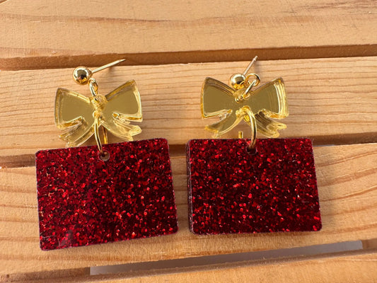 Truly Olive Red and Gold Christmas Present Earrings - Earrings Dangle Earrings