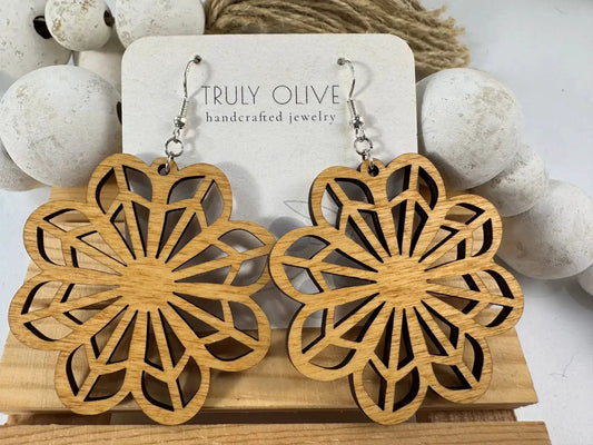 Truly Olive Wooden Boho Statement Earrings - Earrings Dangle Earrings