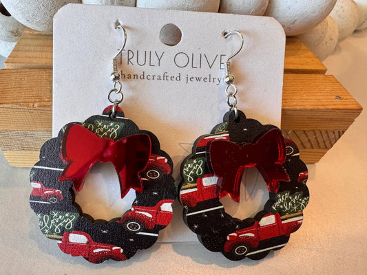 Truly Olive Vintage Red Christmas Truck Wreath Earrings - Earrings Dangle Earrings