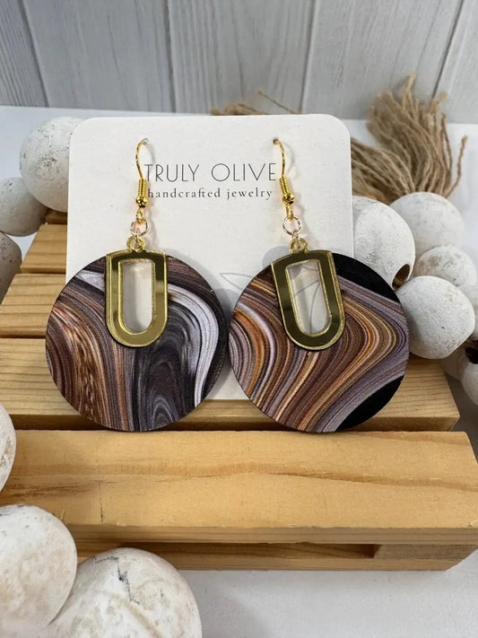Truly Olive Vintage Swirl Pattern Wood Earrings - Earrings Dangle Earrings
