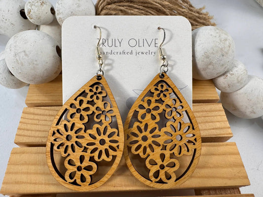 Truly Olive Stunning Wood Mandala Earrings in a Unique Teardrop Shape - Earrings Dangle Earrings