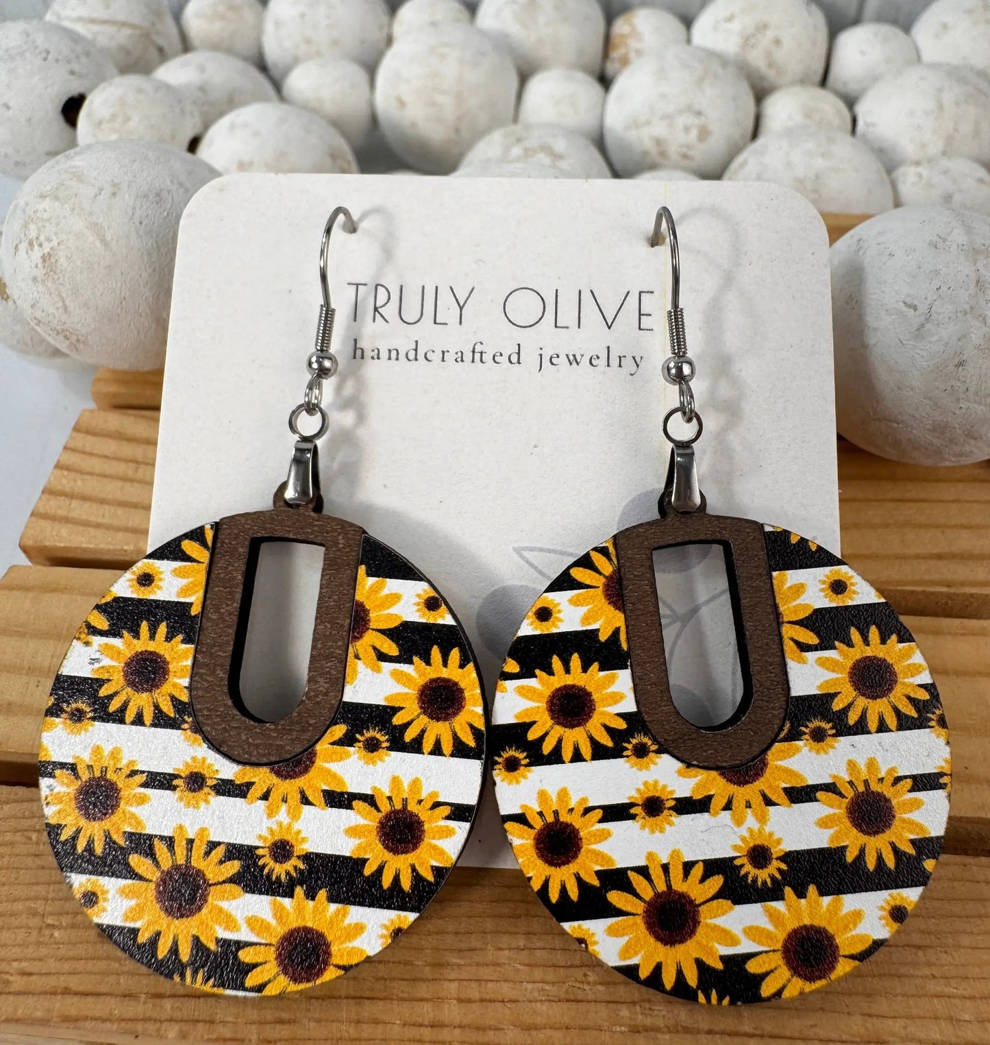 Truly Olive Sunflower Wood Pattern Earrings - Earrings Dangle Earrings