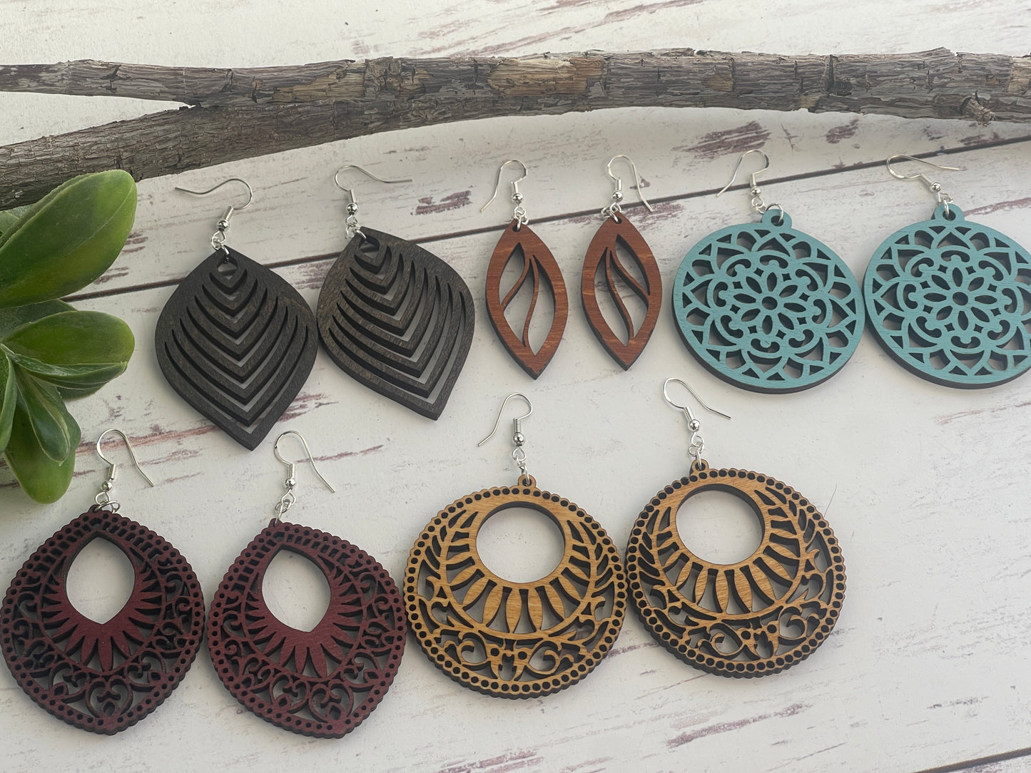 Vintage Wood Mandala Earrings Teardrops