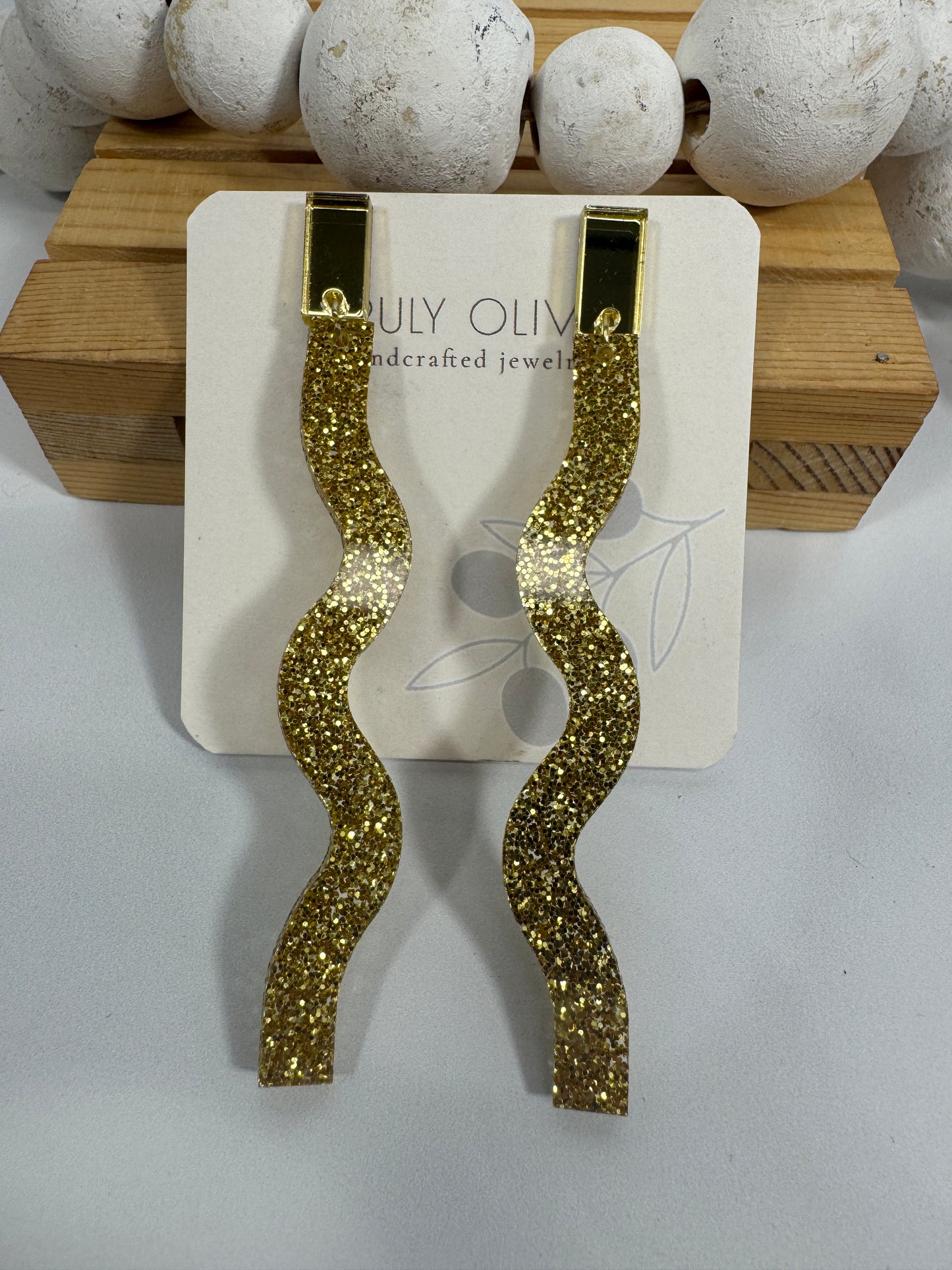 Long Dangle Glitter Gold Acrylic Holiday Earrings