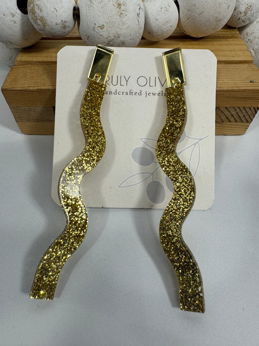 Long Dangle Glitter Gold Acrylic Holiday Earrings