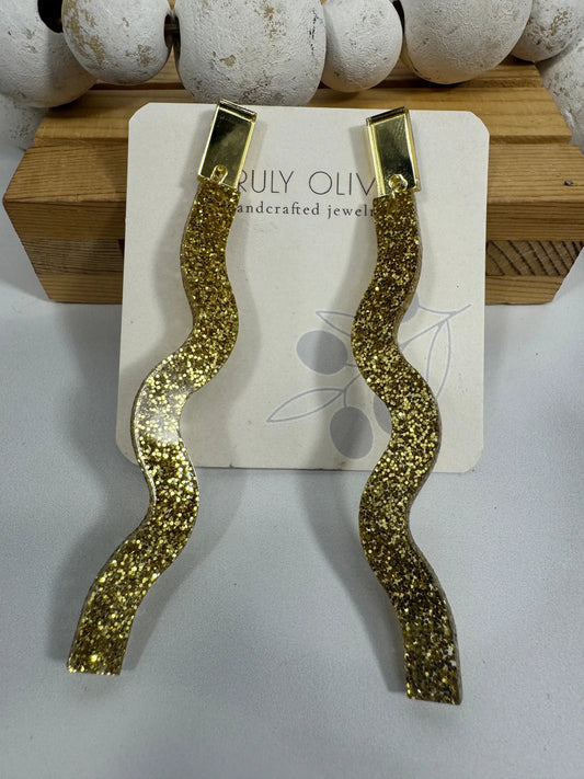 Truly Olive Long Dangle Glitter Gold Acrylic Holiday Earrings - Earrings Dangle Earrings