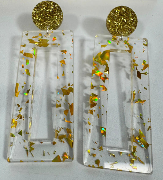 Truly Olive Mirrored Gold Acrylic Glitter Earrings - Earrings Stud/Post Earrings