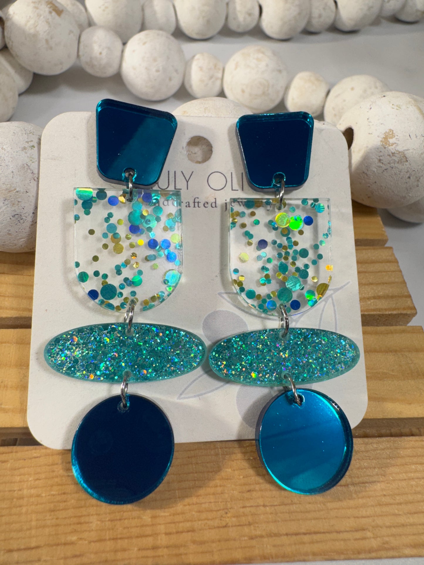 Teal Blue Glitter and Glass Dangle Earrings