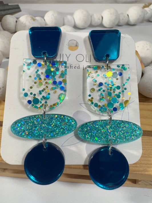Teal Blue Glitter and Glass Dangle Earrings