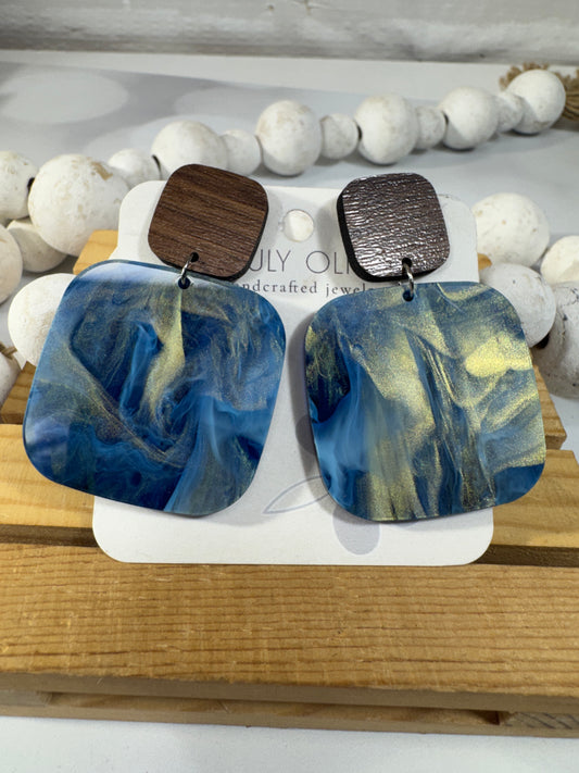 Blue Swirl and Walnut Wood Handcrafted Statement Earrings