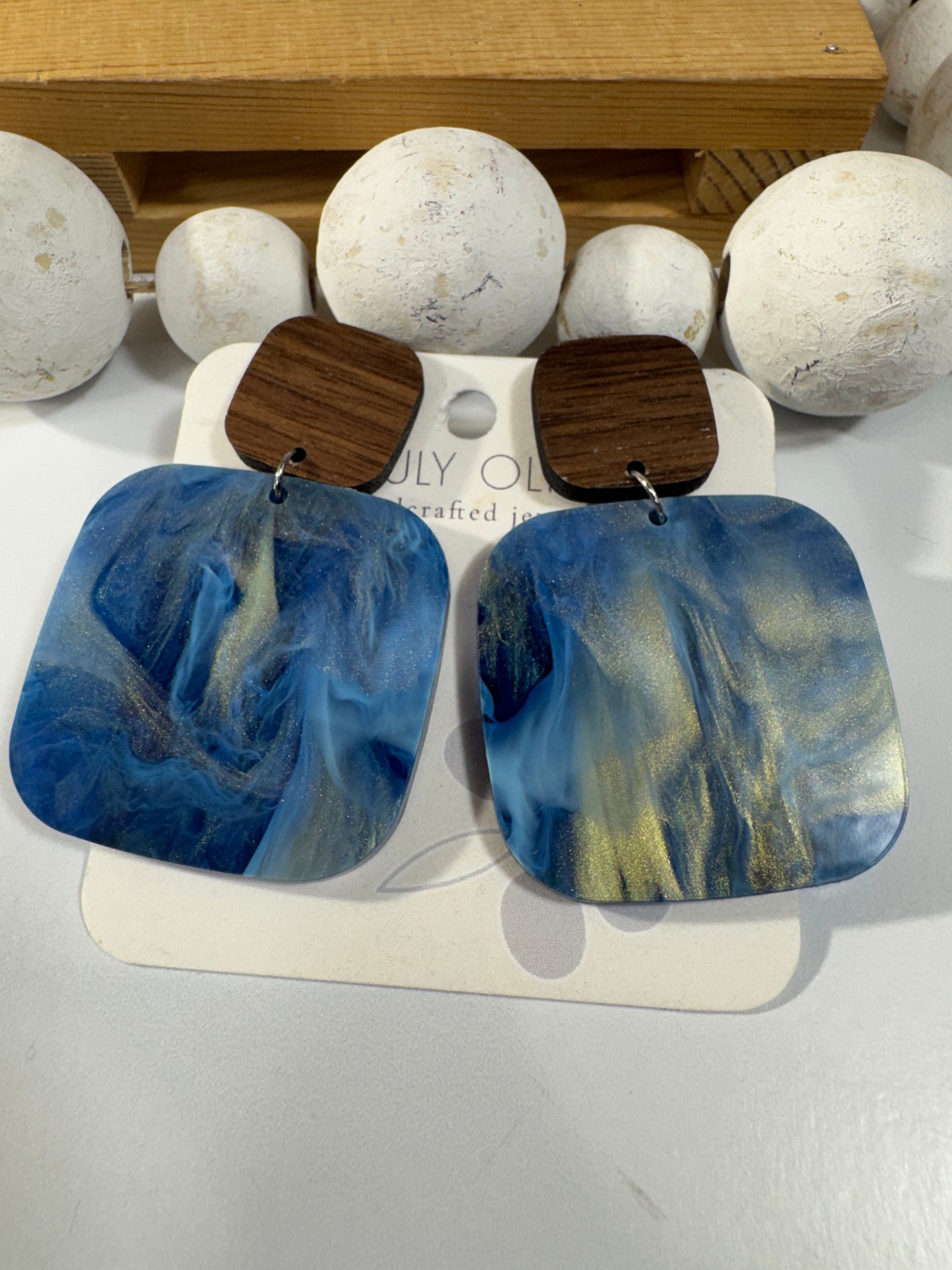 Blue Swirl and Walnut Wood Handcrafted Statement Earrings