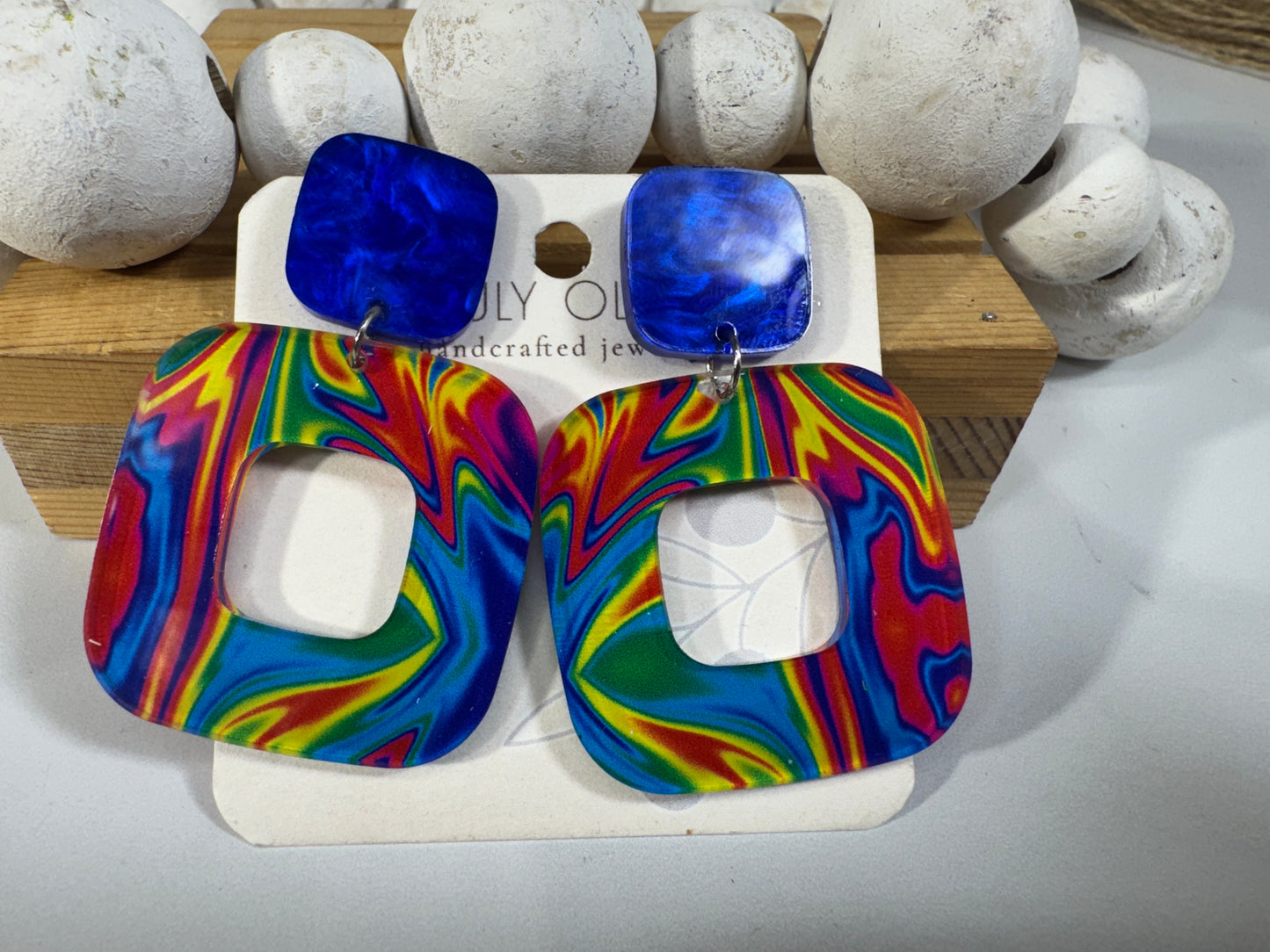 Blue Swirl Walnut Wood Statement Earrings