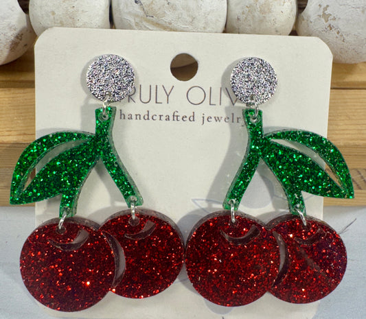 Cherry Glitter Acrylic Earrings
