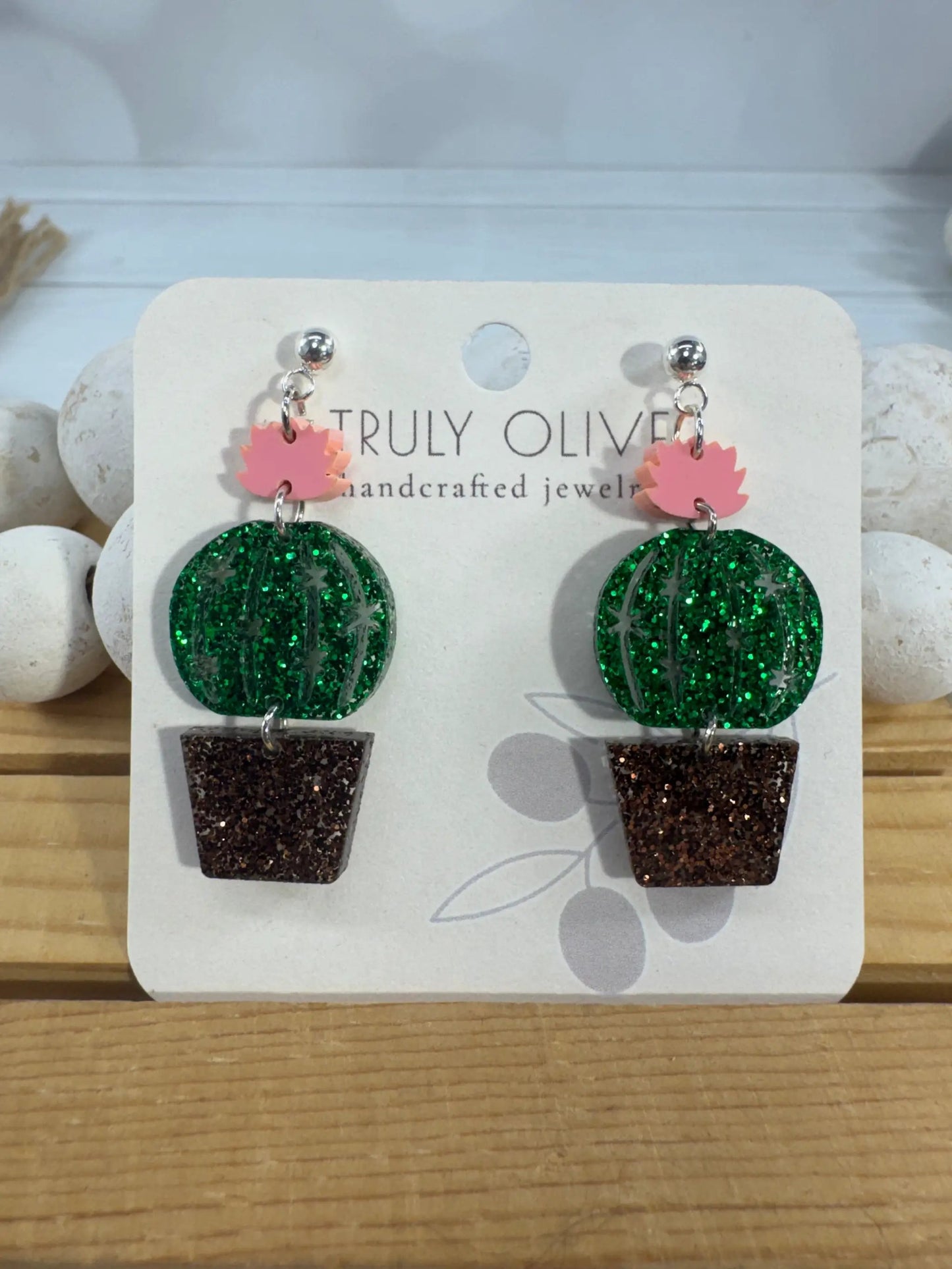 Truly Olive Glittery Sparkly Cactus Earrings – Cute Succulent Dangle Earrings for Plant Lovers - Earrings Stud/Post Earrings