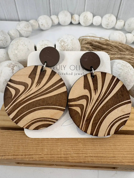 Truly Olive Engraved Wood Earrings - Earrings Dangle Earrings