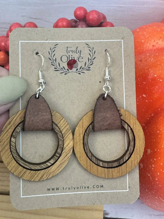Truly Olive Leather Connected Wooden Hoops - Earrings Hoop Earrings