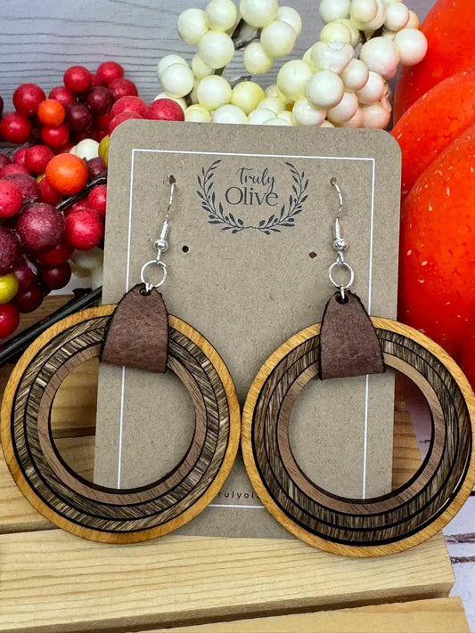 Truly Olive Wood and Leather Hoop Earrings - Earrings Dangle Earrings