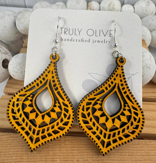 Truly Olive Hourglass Shape Wooden Boho Earrings - Earrings Dangle Earrings