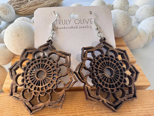 Truly Olive Introducing the Exquisite Lightweight Wood Mandala Earrings - Earrings Dangle Earrings