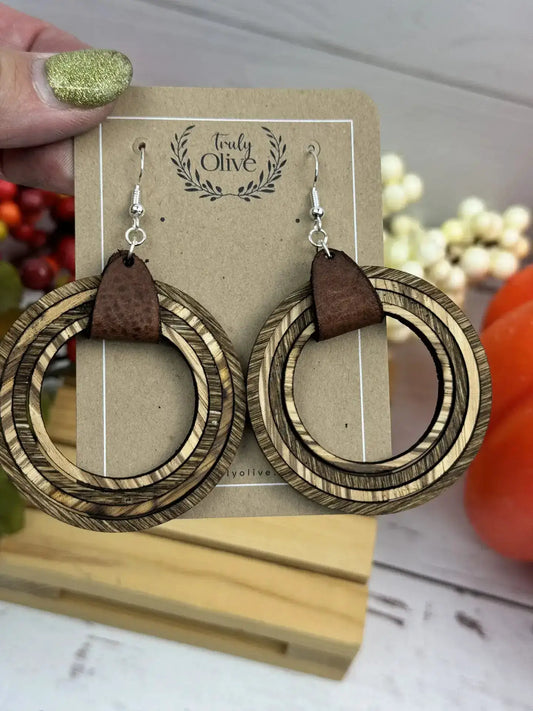 Truly Olive Leather and Wooden Hoop Earrings - Earrings Dangle Earrings