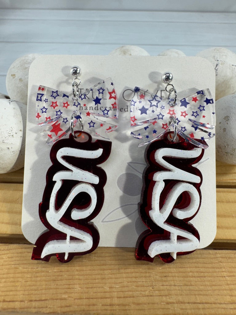 Patriotic USA Bow Dangle Earrings