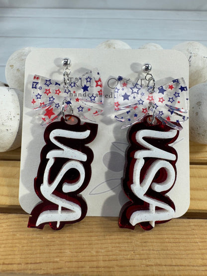 Patriotic USA Bow Dangle Earrings