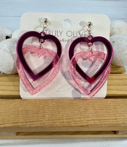Connected Pink Double Heart Earrings